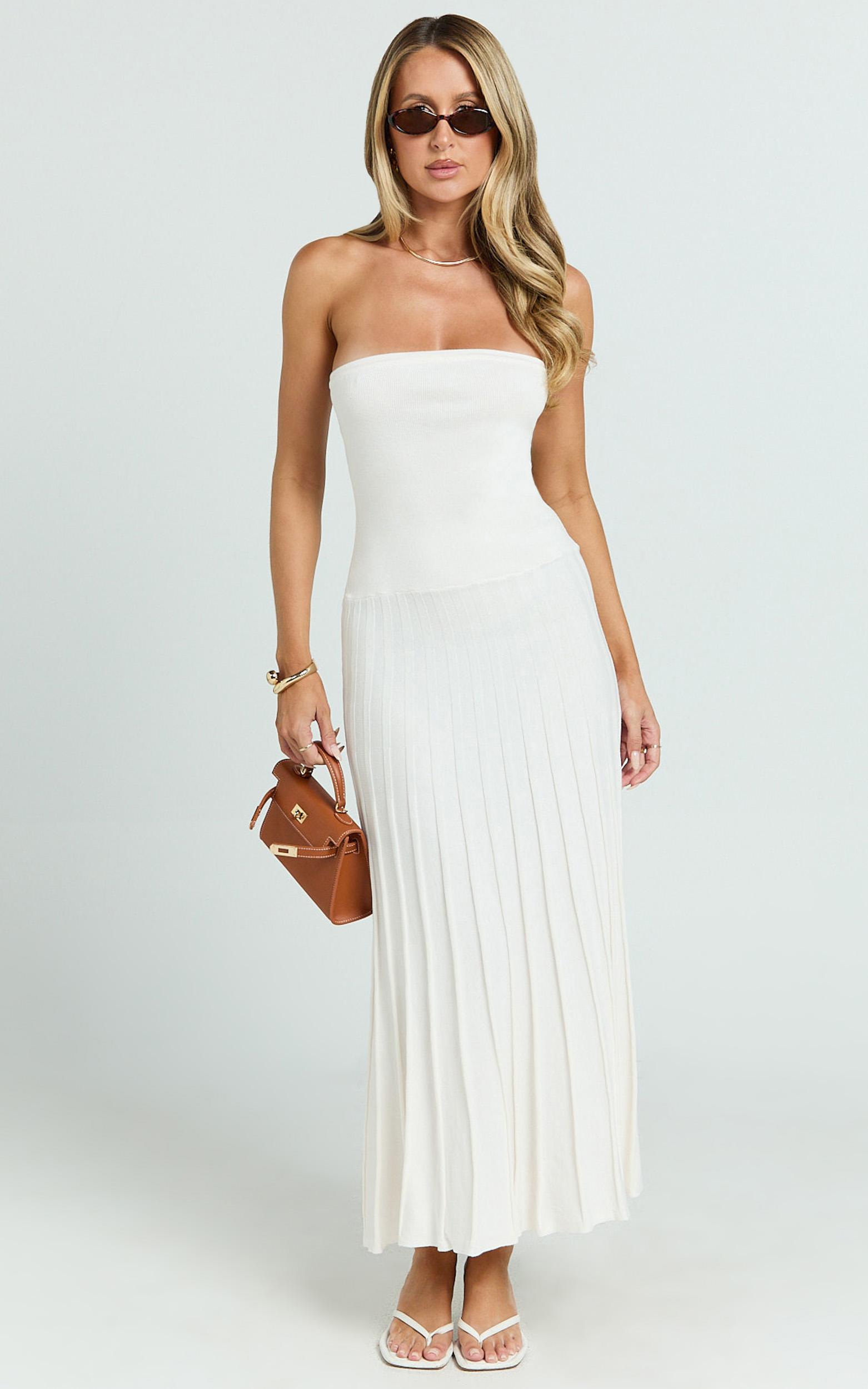 paris midi dress - strapless drop waist pleated knit dress in white