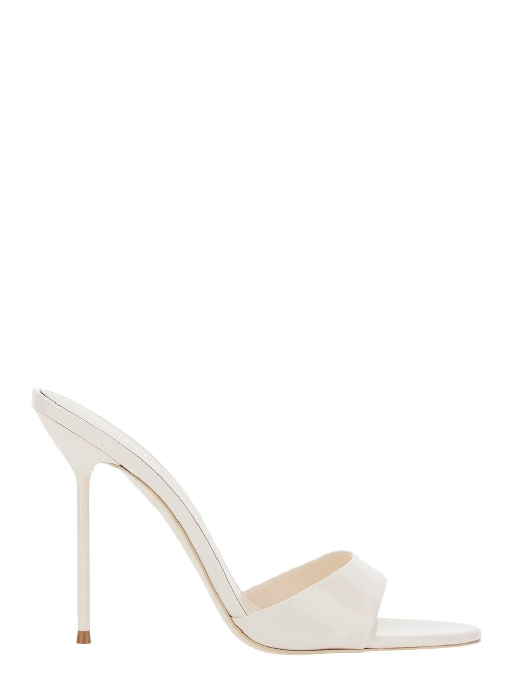 paris texas lidia white heeled sandals with round toe and logo on the insole in shiny leather woman