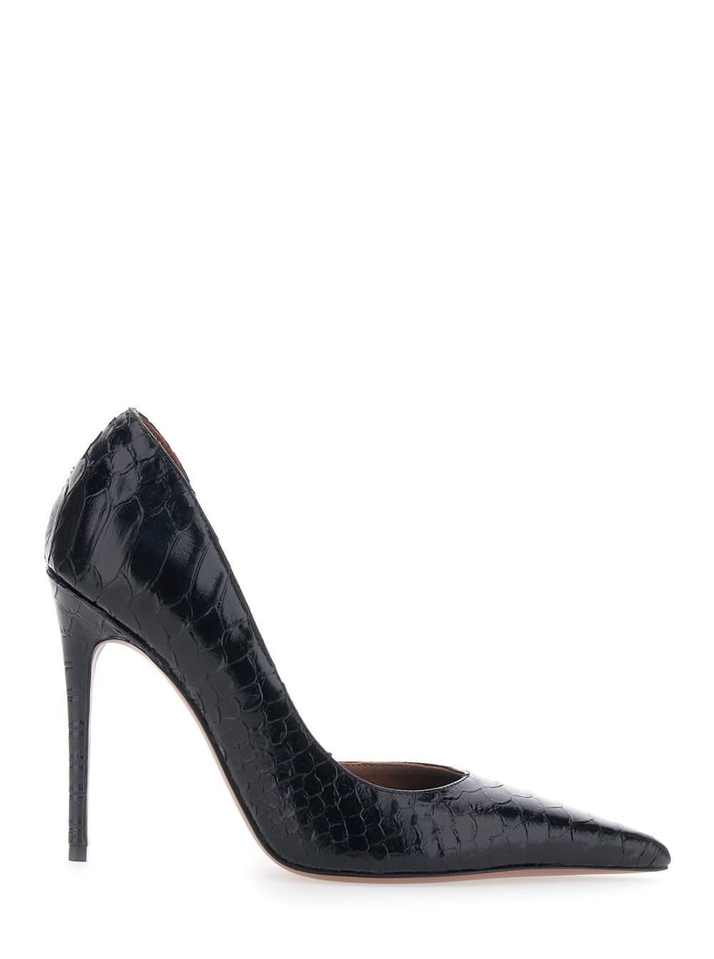 paris texas vera black pumps with high stiletto heel and snakeskin effect in leather woman