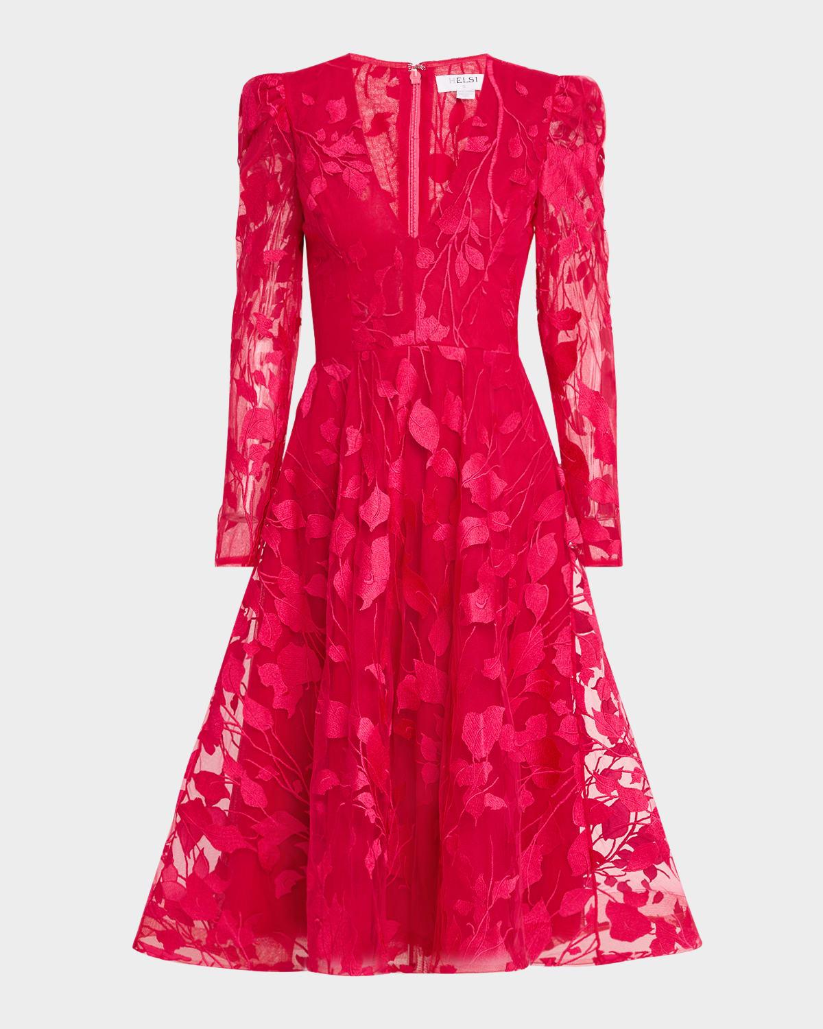 parker long-sleeve embroidered leaf midi dress