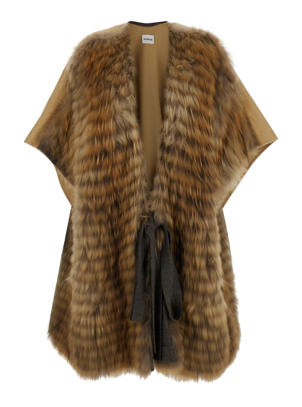 parosh beige cape with fur on the front and belt closure in wool woman