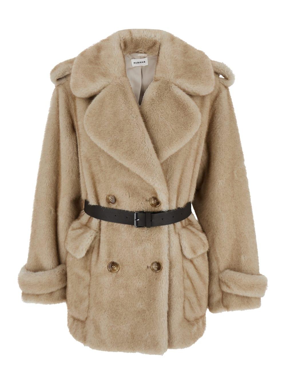 parosh beige double-breasted jacket with wide revers and waistband in faux fur woman