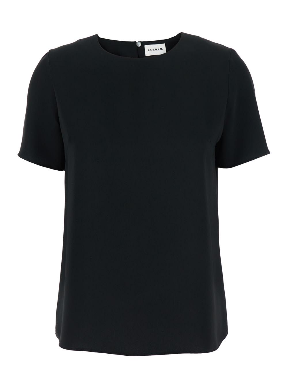 parosh black crewneck blouse with rear button closure in cady woman