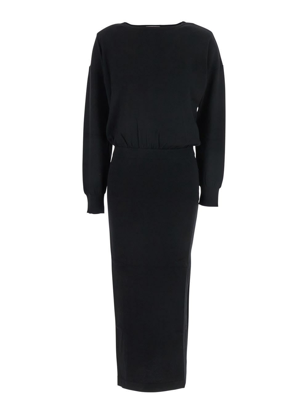 parosh black round neck dress with draped waist in wool blend woman