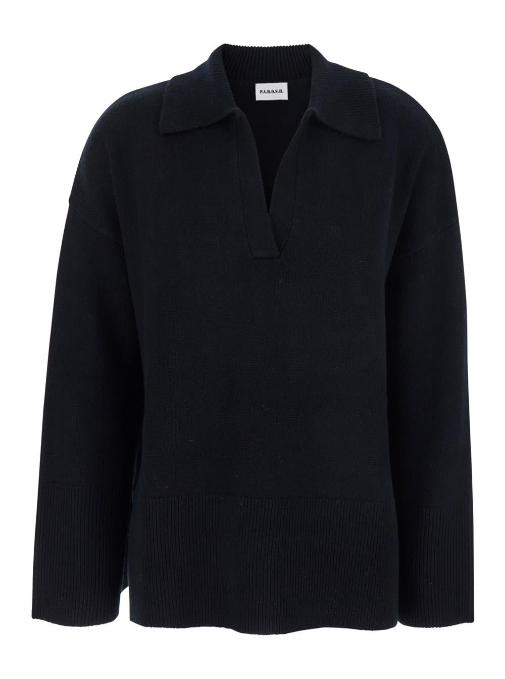 parosh black sweater with polo shirt style collar and dropped shoulder in wool and cashmere woman