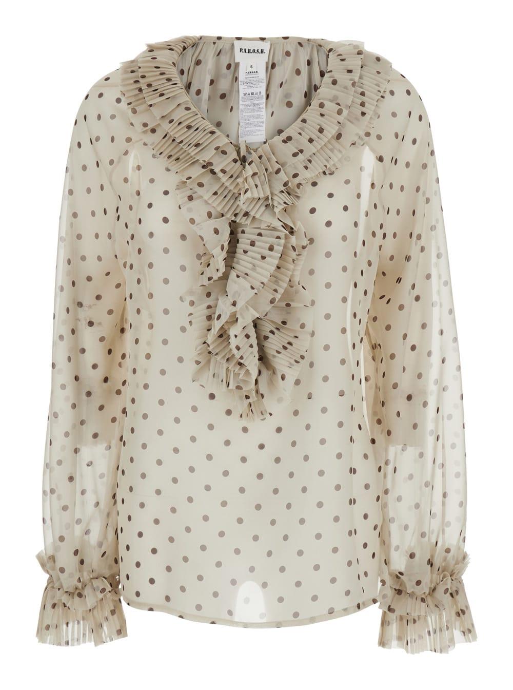 parosh blouse with ruffles on the front and all-over polka dot print in tech fabric beige women