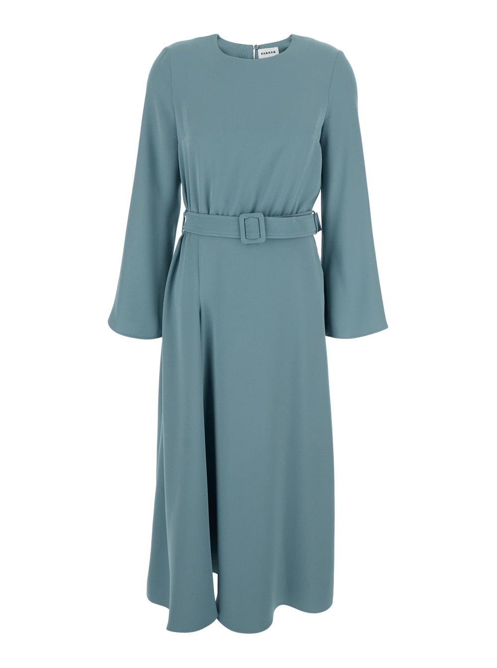 parosh blue long dresses with round neckline and waistband in cady fabric woman