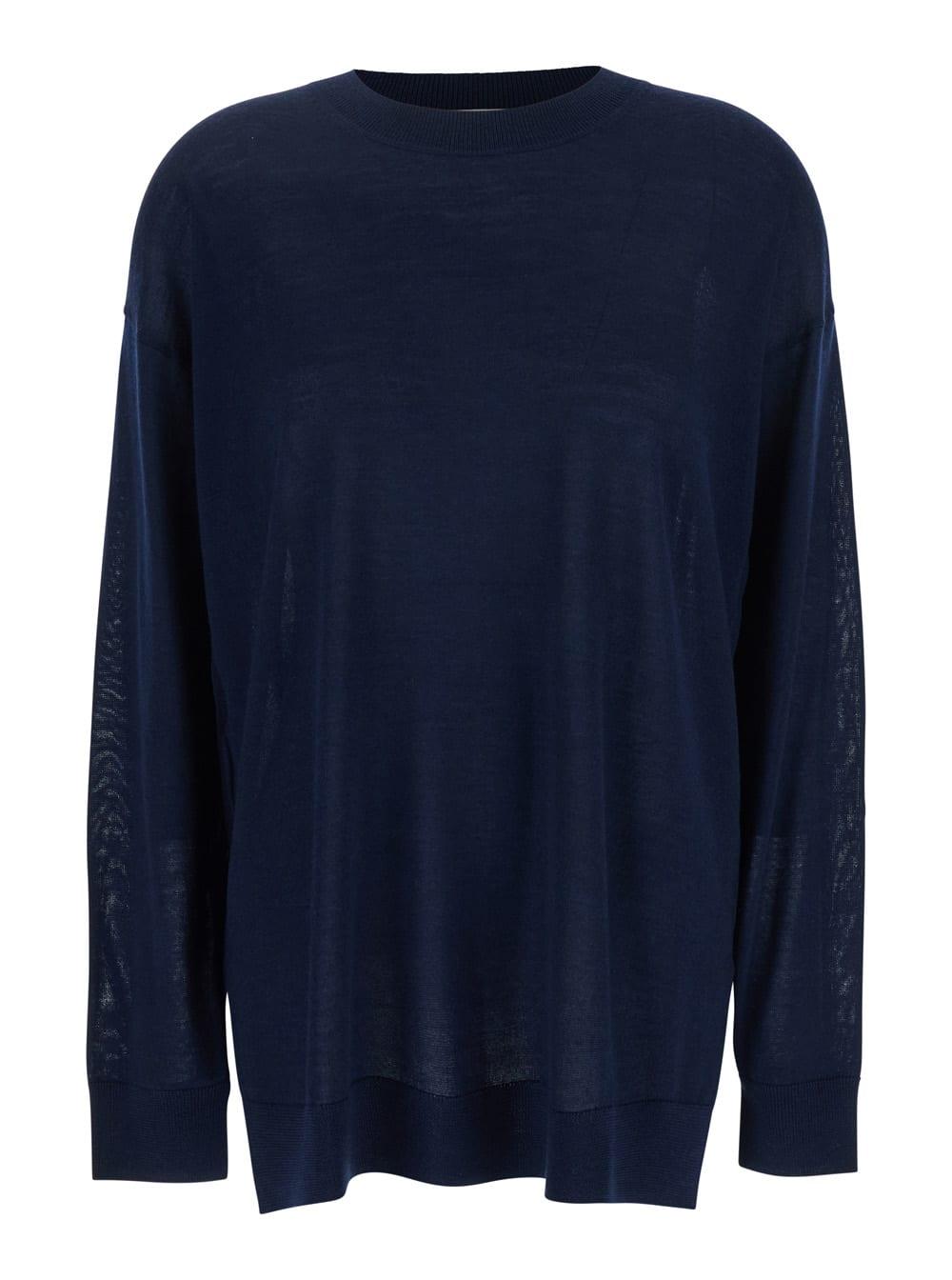 parosh blue long-sleeved crewneck sweater in wool and silk blend woman