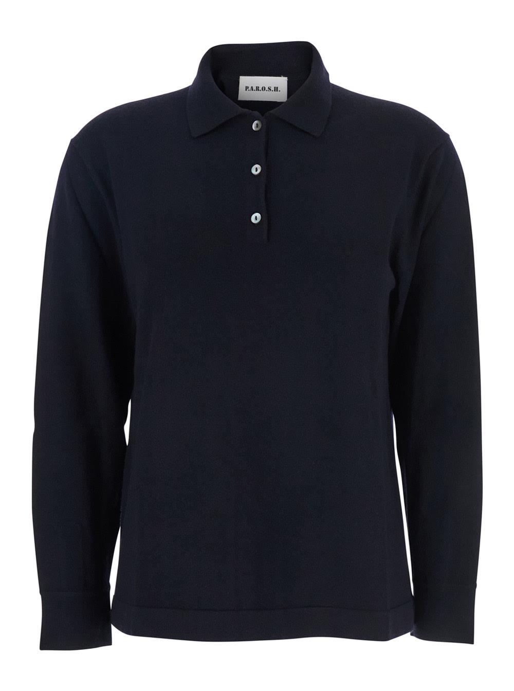parosh blue polo shirt with classic collar and long sleeves in wool woman