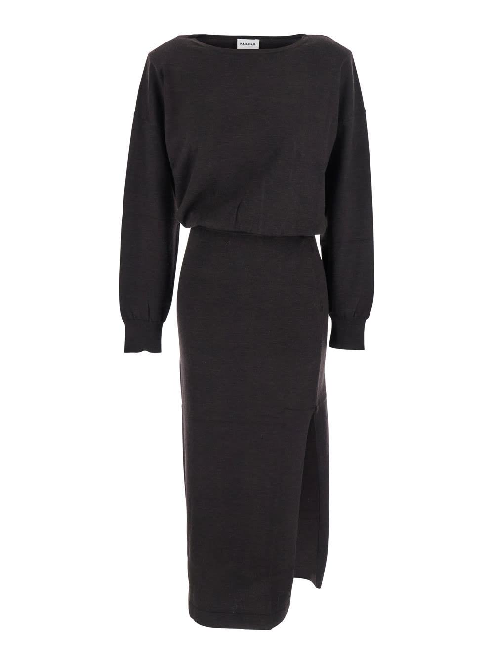 parosh brown dress with boat neck in wool and cashmere blend woman