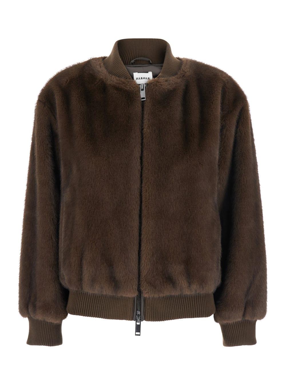 parosh brown jacket with zip fastening in eco fur woman