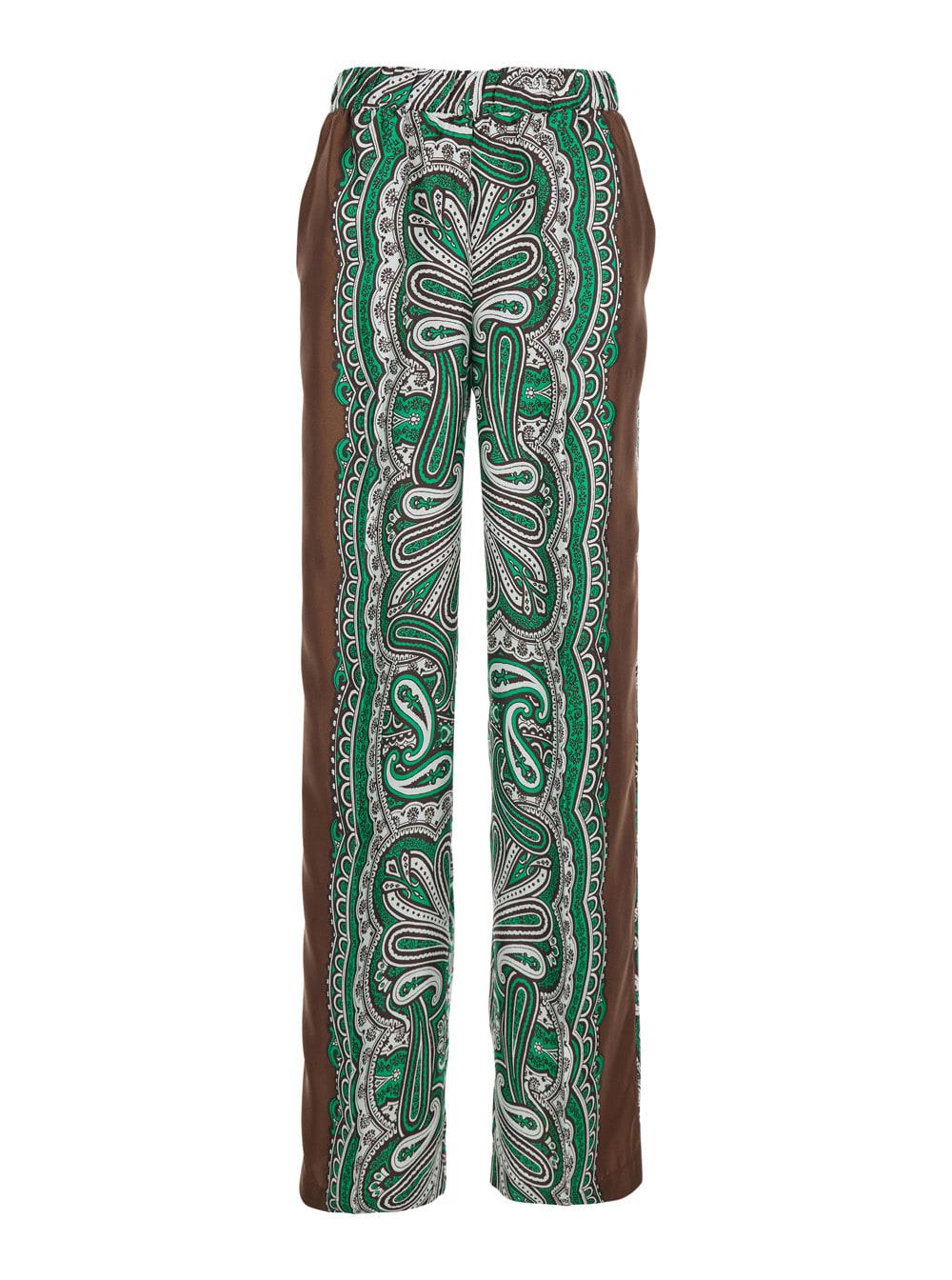 parosh green pants with contrast side stripe and all-over silk scarf print for women