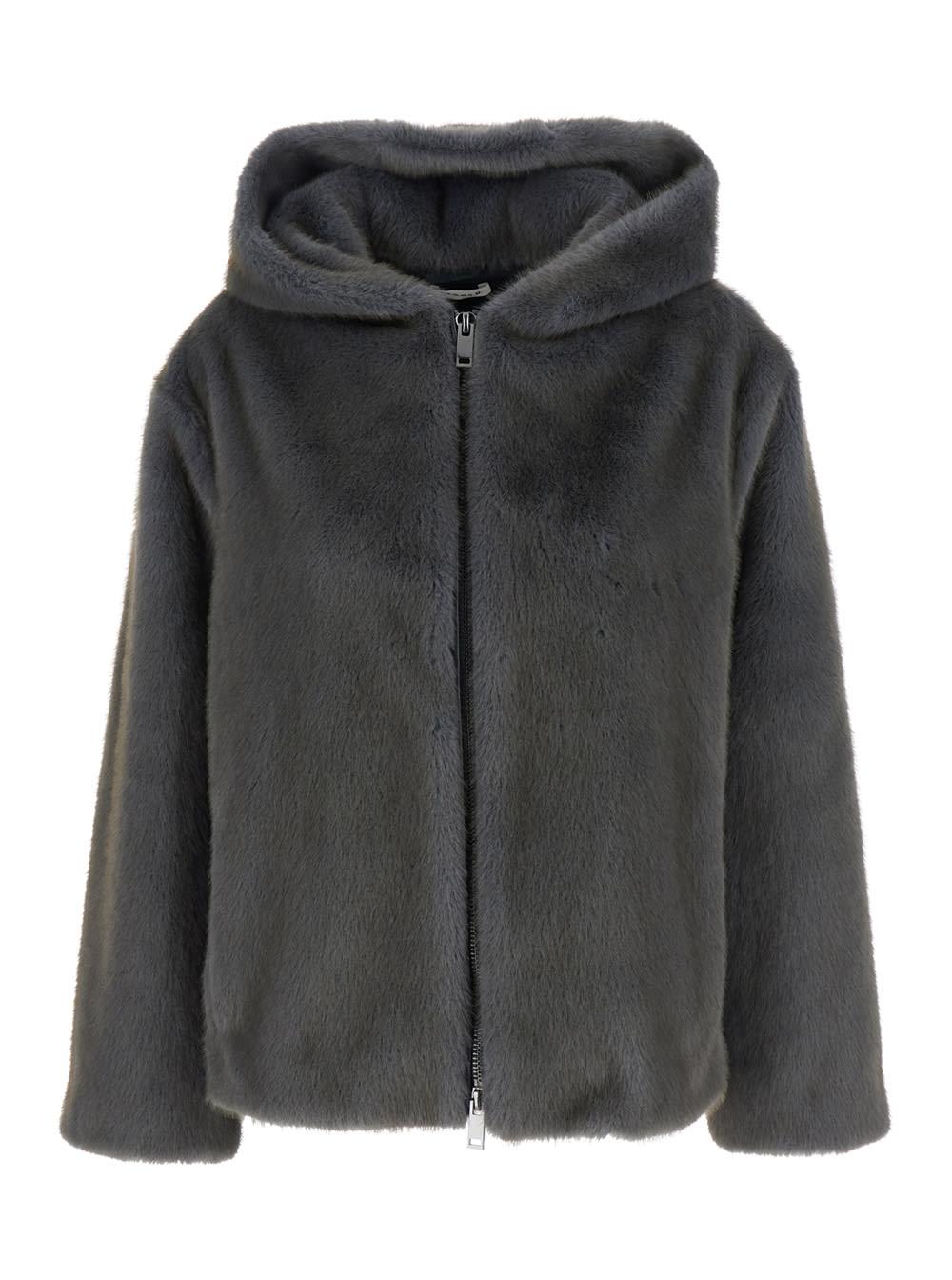 parosh grey jacket with fixed hood and zip fastening in eco fur woman