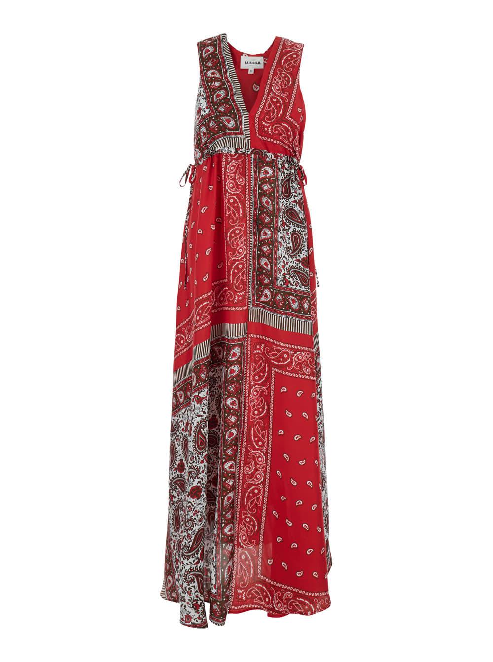 parosh long dress shiele with v-neck and all-over bandana motif in red silk for women