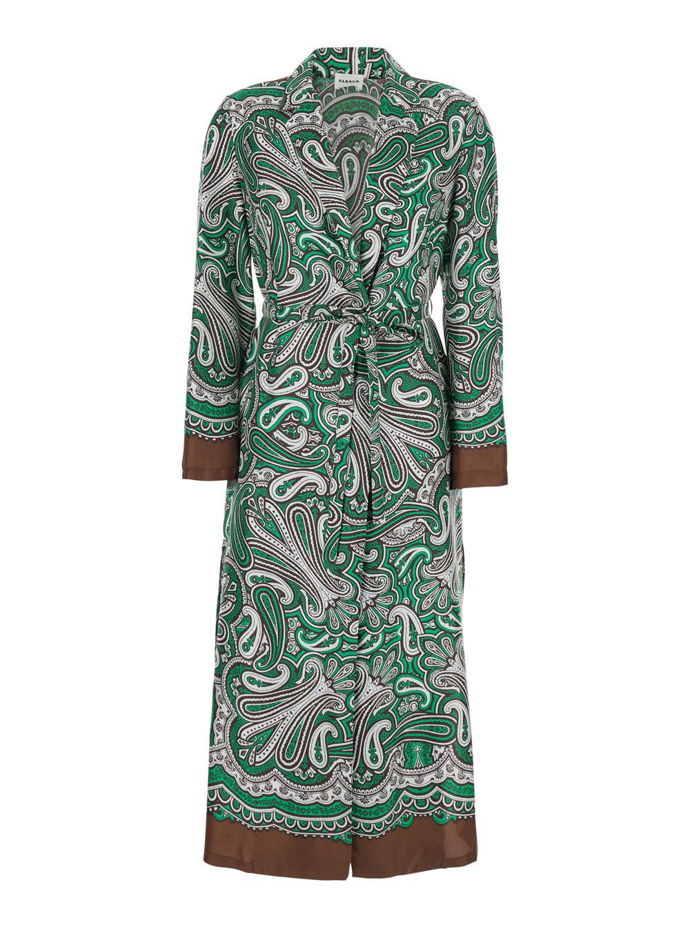 parosh long dress with waist belt and all-over green silk scarf print for women