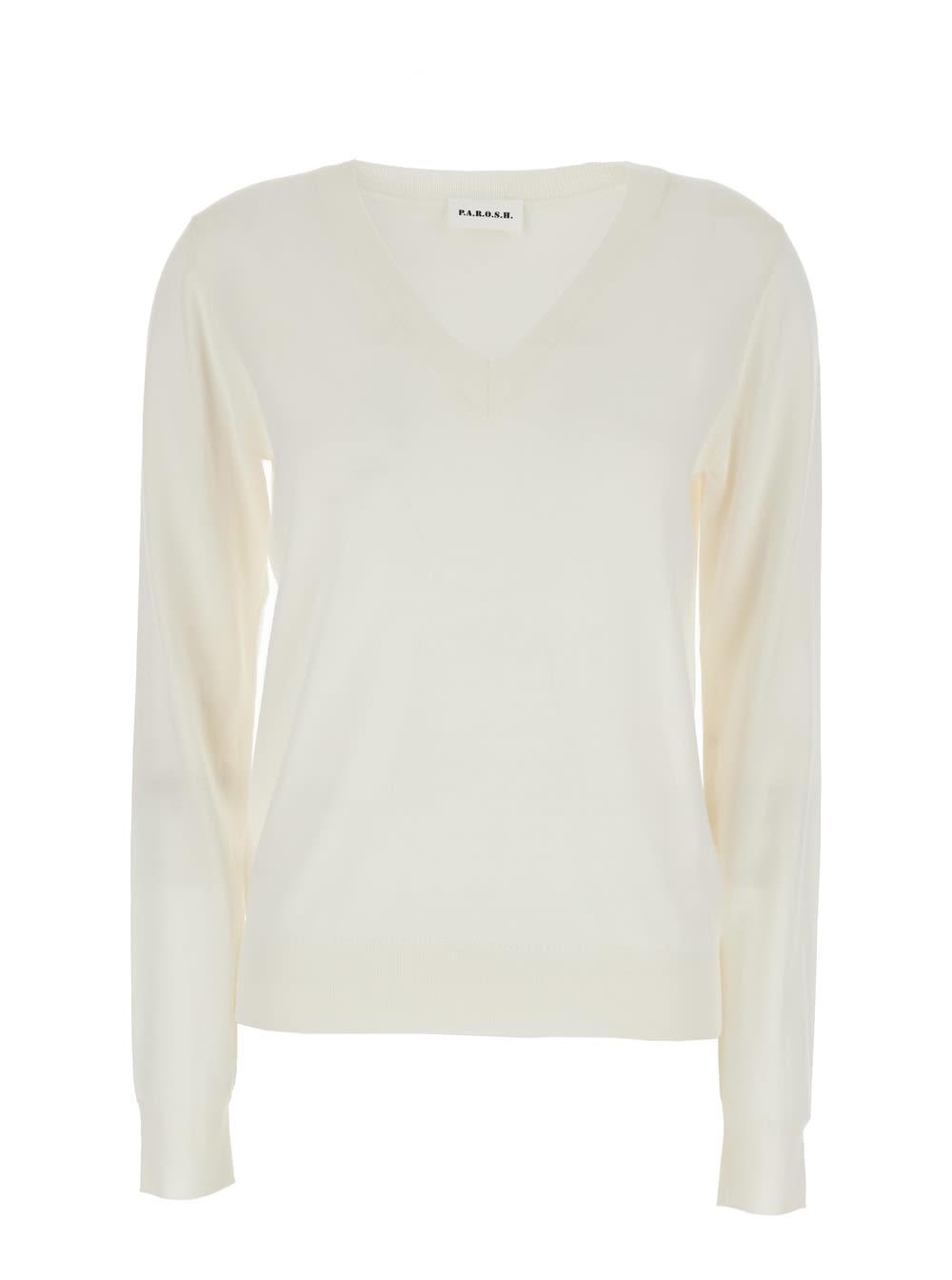 parosh long sleeve v-neck sweater in white wool and silk blend for women
