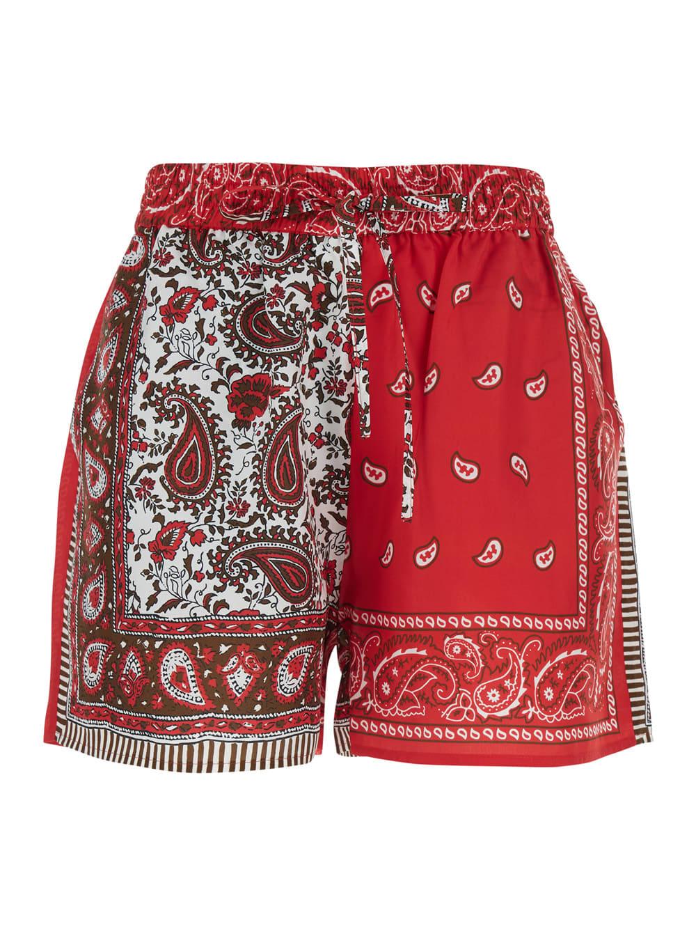 parosh red shiele shorts with elastic waist and all-over silk print for women