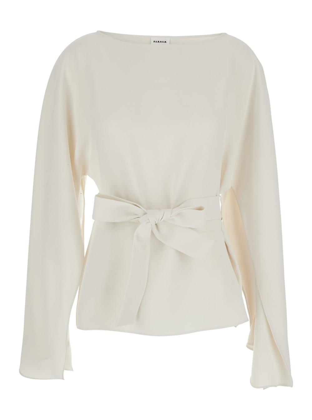 parosh round neck blouse with bow detail on the front in white fabric for women