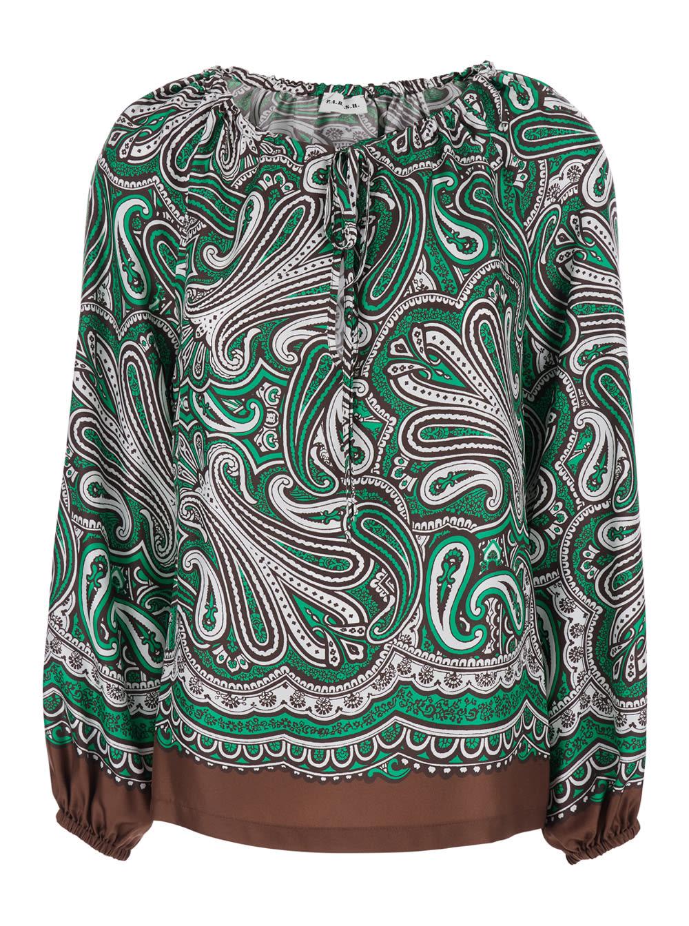 parosh silk blouse with long balloon sleeves and all-over green print for women
