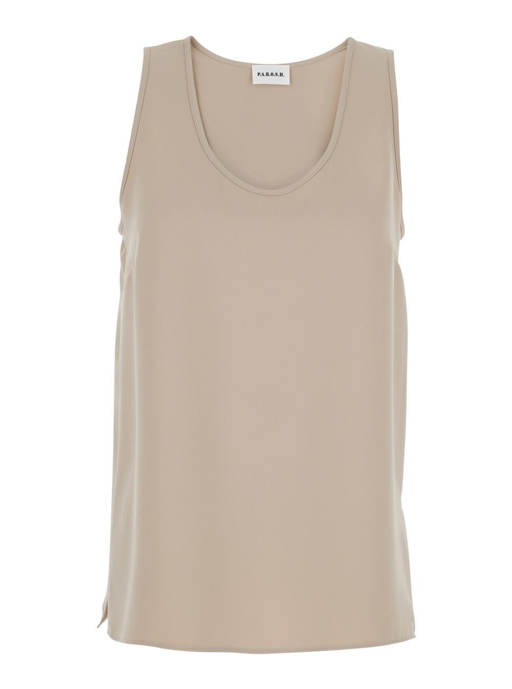 parosh sleeveless top with round neck in beige fabric for women