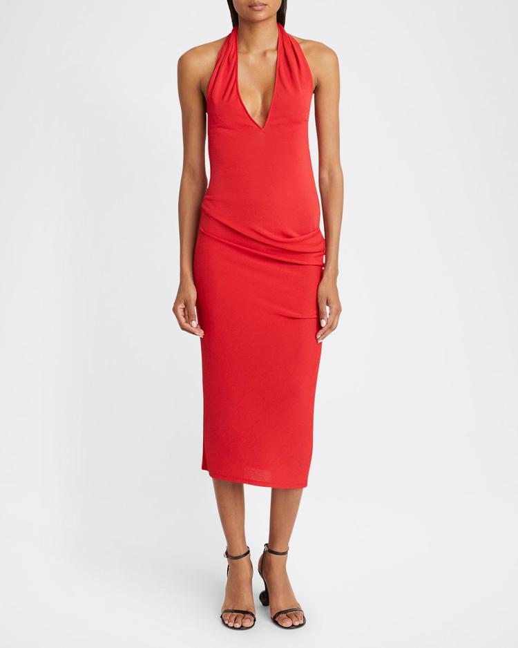pasadena gathered plunging halter midi dress