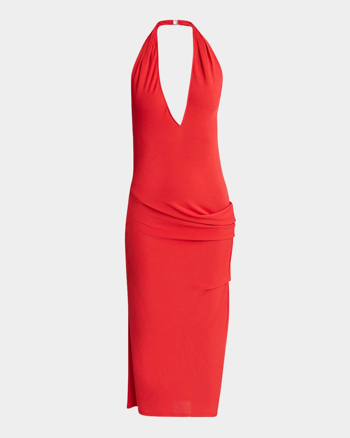 pasadena gathered plunging halter midi dress