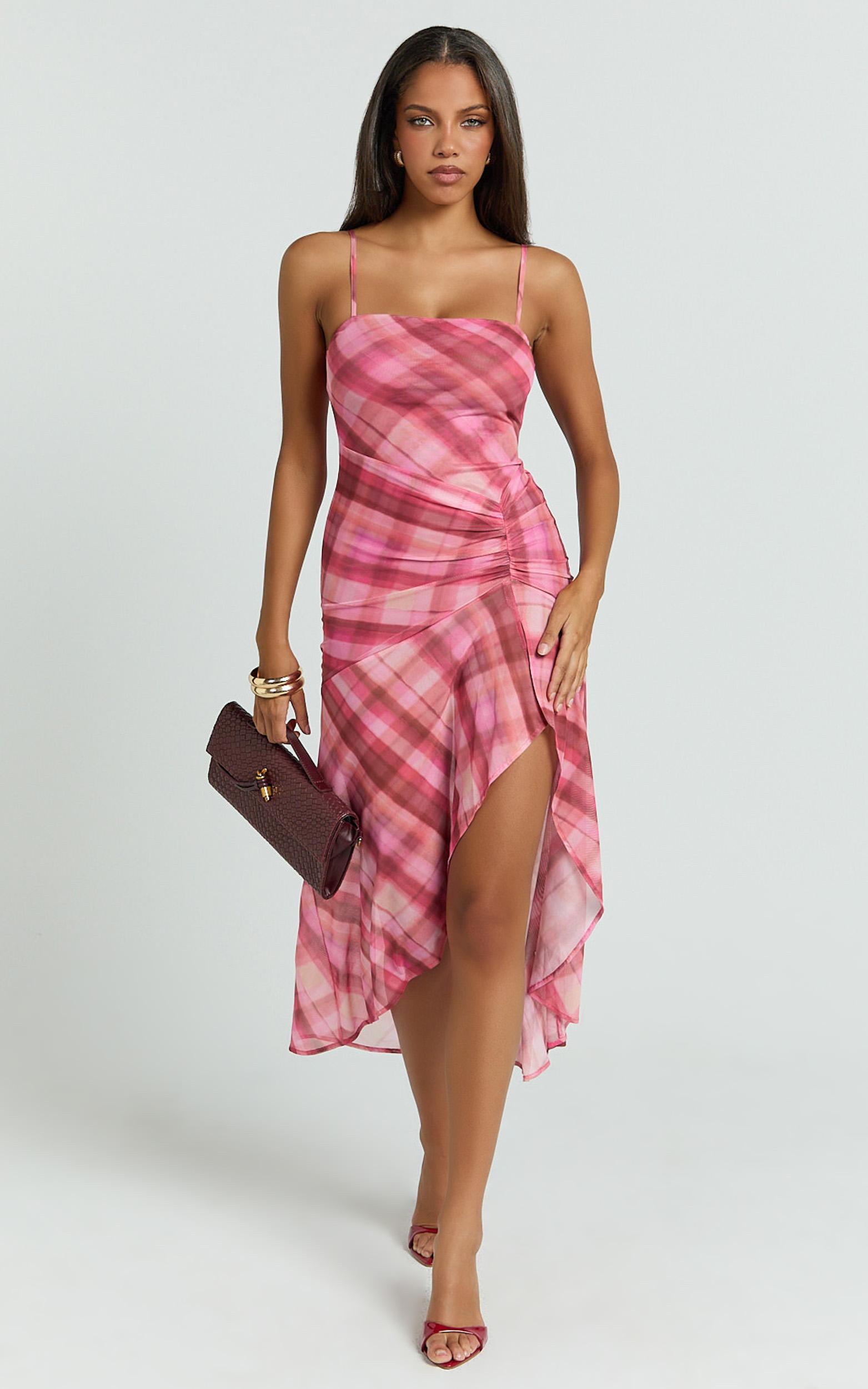 pascal midi dress - mesh spaghetti strap split dress in cherry check print