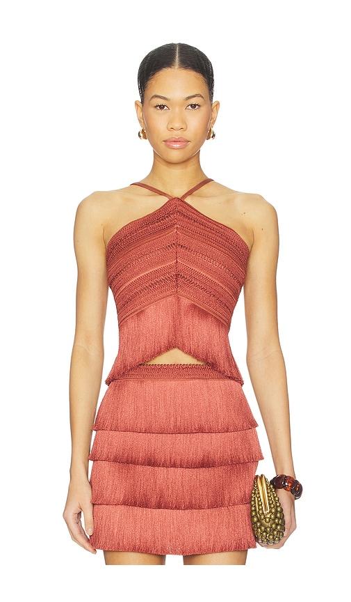 patbo amethyst fringe top in rust.