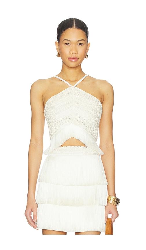 patbo amethyst fringe top in white.