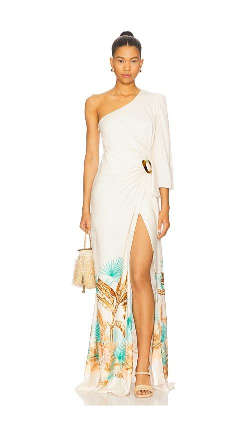 patbo bananeira tropical one shoulder maxi dress in beige.