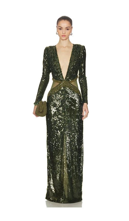 patbo bossa sequin gown in green.
