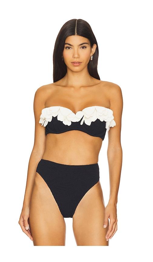 patbo breeze jacquard flower applique bikini top in black.