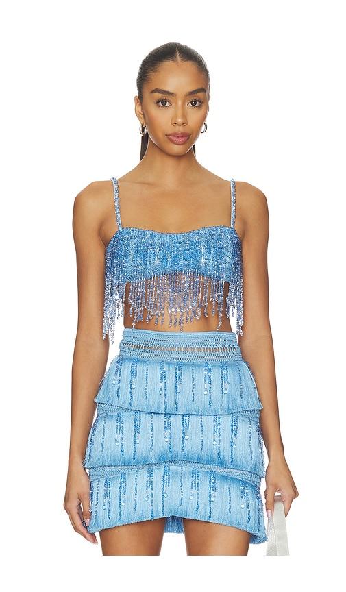 patbo clara fringe top in blue.