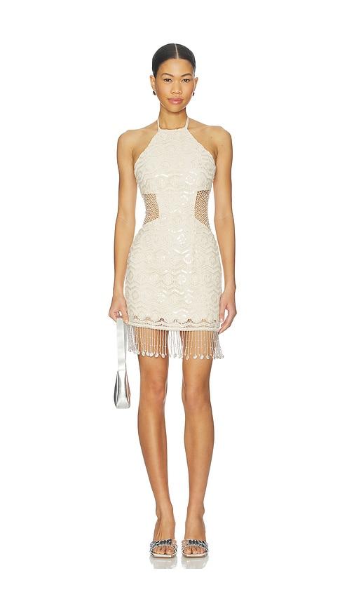 patbo crochet bloom halterneck mini dress in beige.