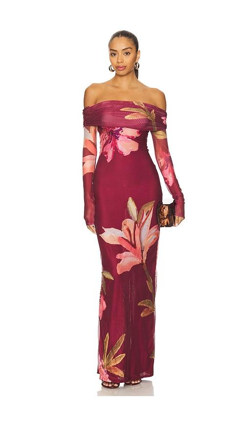 patbo delicata tulle maxi dress in burgundy.