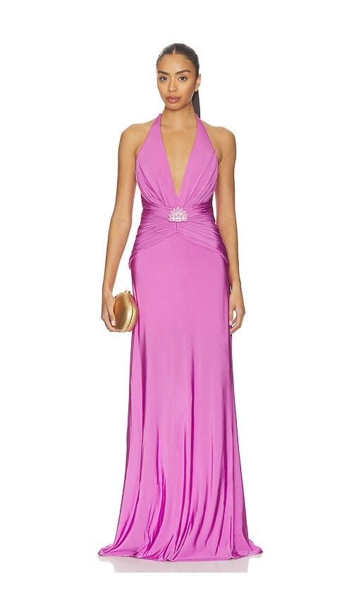 patbo gisele jersey back slit maxi dress in purple.