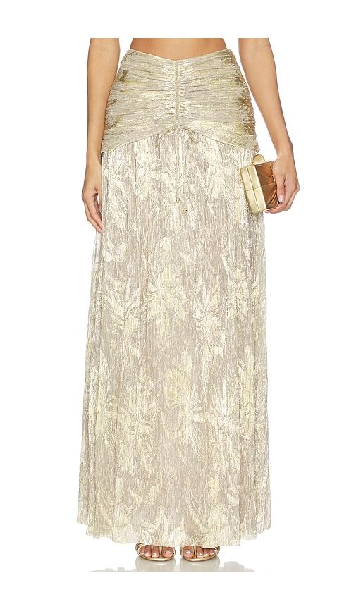 patbo golden dust lurex maxi skirt in metallic gold.