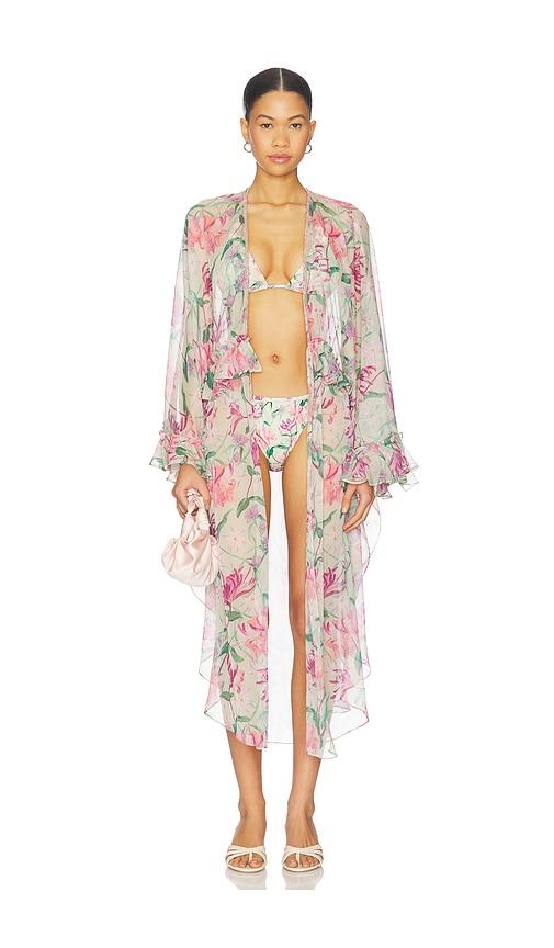 patbo honey flower long robe cover up in green.