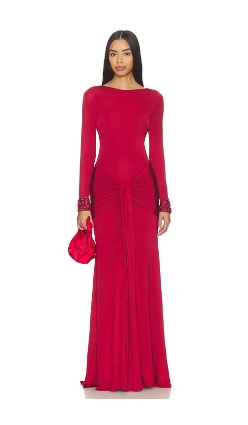 patbo intensity jersey long sleeve gown in red.