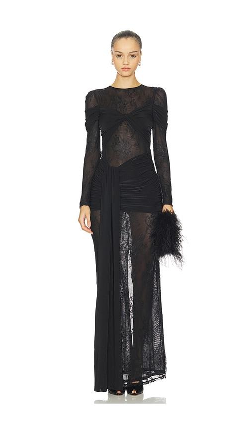 patbo laila lace gown in black.