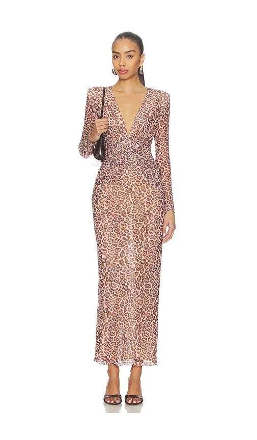 patbo panthera tulle maxi dress in tan.