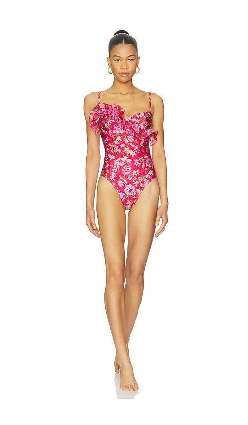 patbo peony print lycra ruffle bodysuit in red.