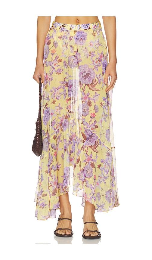 patbo peony print maxi skirt in yellow.