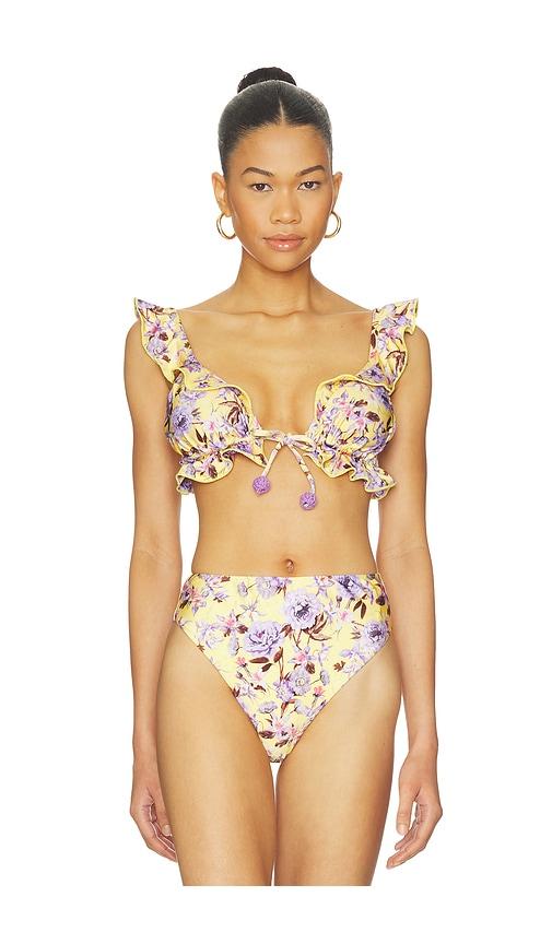 patbo peony print ruffle bikini top in yellow.