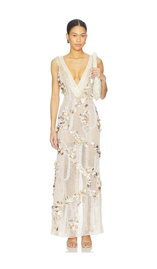 patbo seashell embroidery gown in beige.
