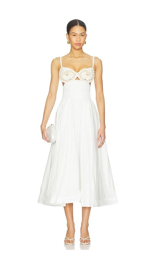 patbo seaweed shell embroidered midi dress in white.