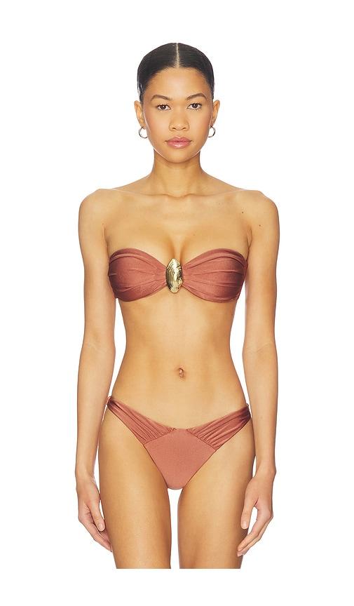 patbo x camila coelho golden lune seashell bandeau bikini top in metallic copper.