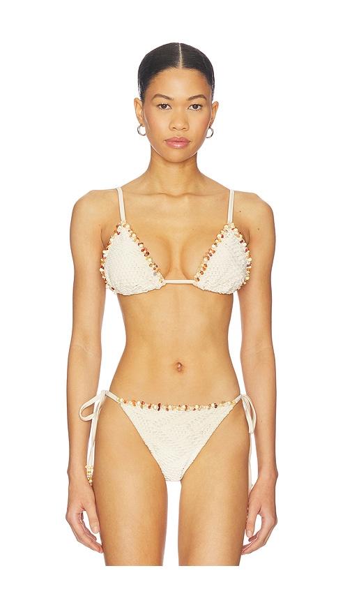 patbo x camila coelho triangle bikini top in beige.