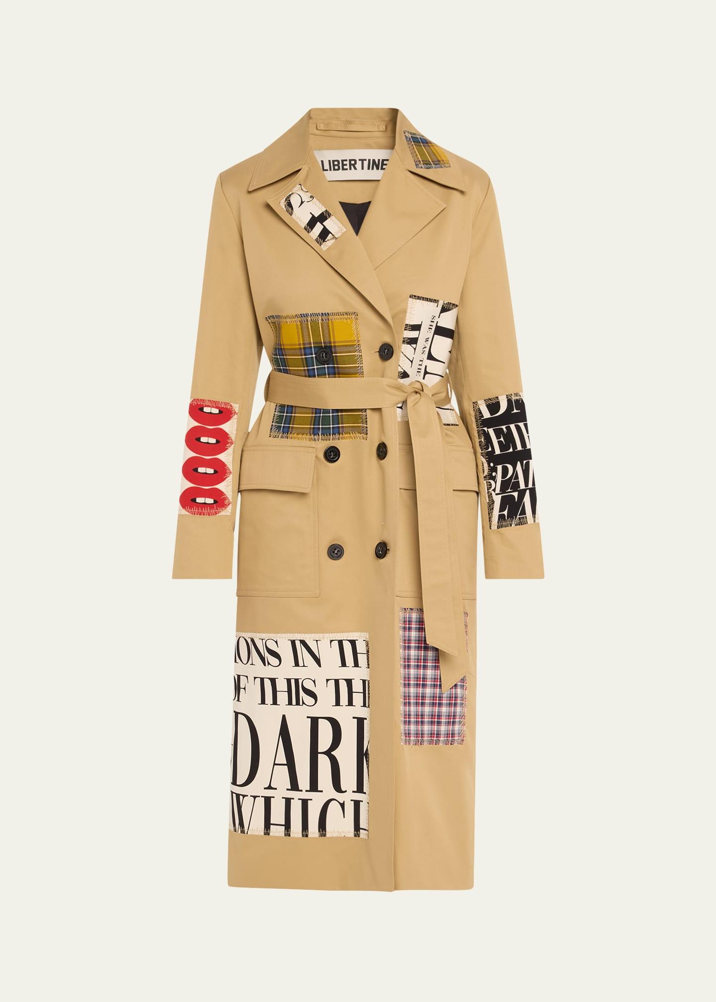 patch happy belted long trench coat