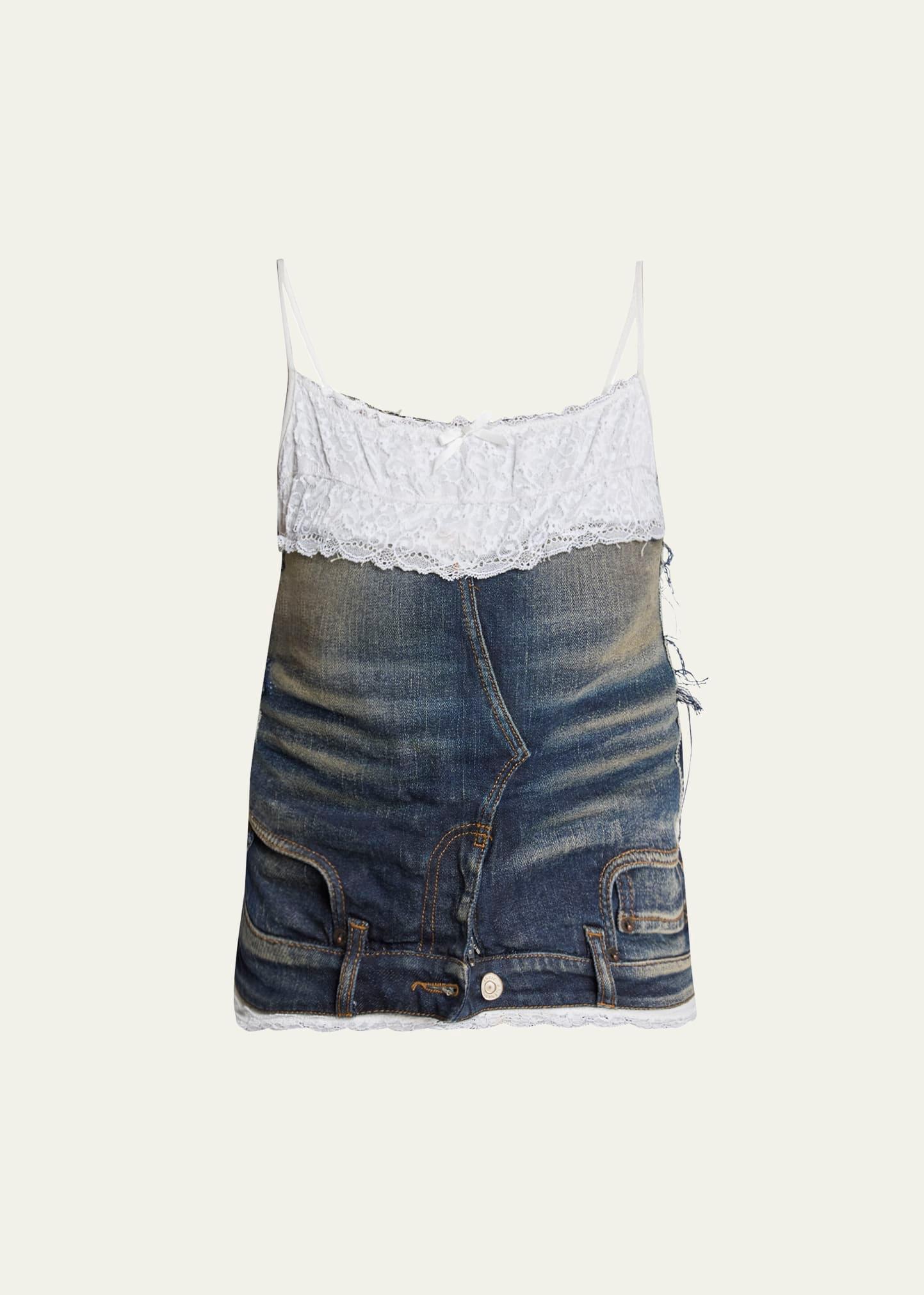 patched lace denim tank top